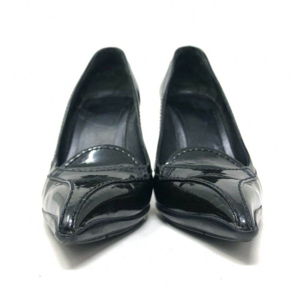 Miu Miu Women's Size 35.5 Pointed Toe Black Patent Leather Penny Loafer Heel - Picture 2 of 9